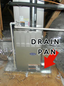 Air conditioner drain pan in attic with Cool Change Heating and Air Raleigh NC