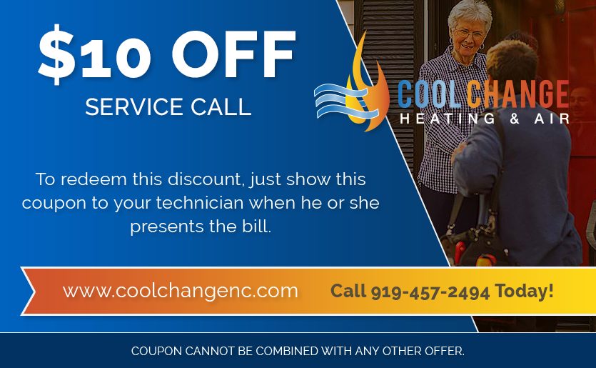 $10 off discount for AC repair and Furnace repair service call from Cool Change Heating & Air in Raleigh NC