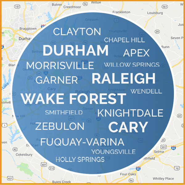 Cool Change heating and air conditioning service area map Greater Raleigh HVAC Service Area Map